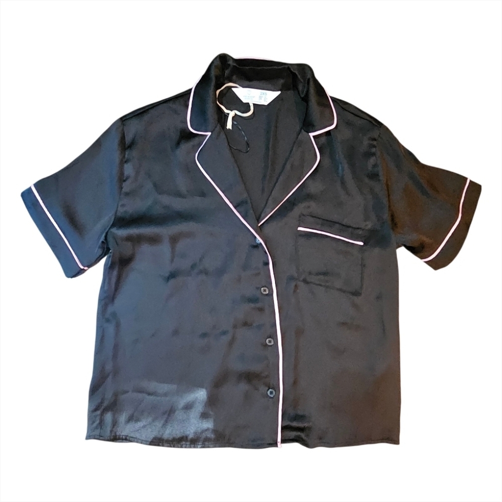 Black Satin Pajama Set with Pink Accents - Picture 6 of 7